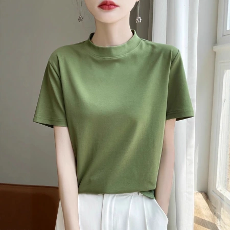 High-quality mercerized cotton small high-neck T-shirt, short-sleeved women's loose and versatile pure cotton half-sleeved T-shirt top for summer High-quality mercerized cotton small high-neck T-shirt, short-sleeved women's loose and versatile pure cotton half-sleeved T-shirt top for summer